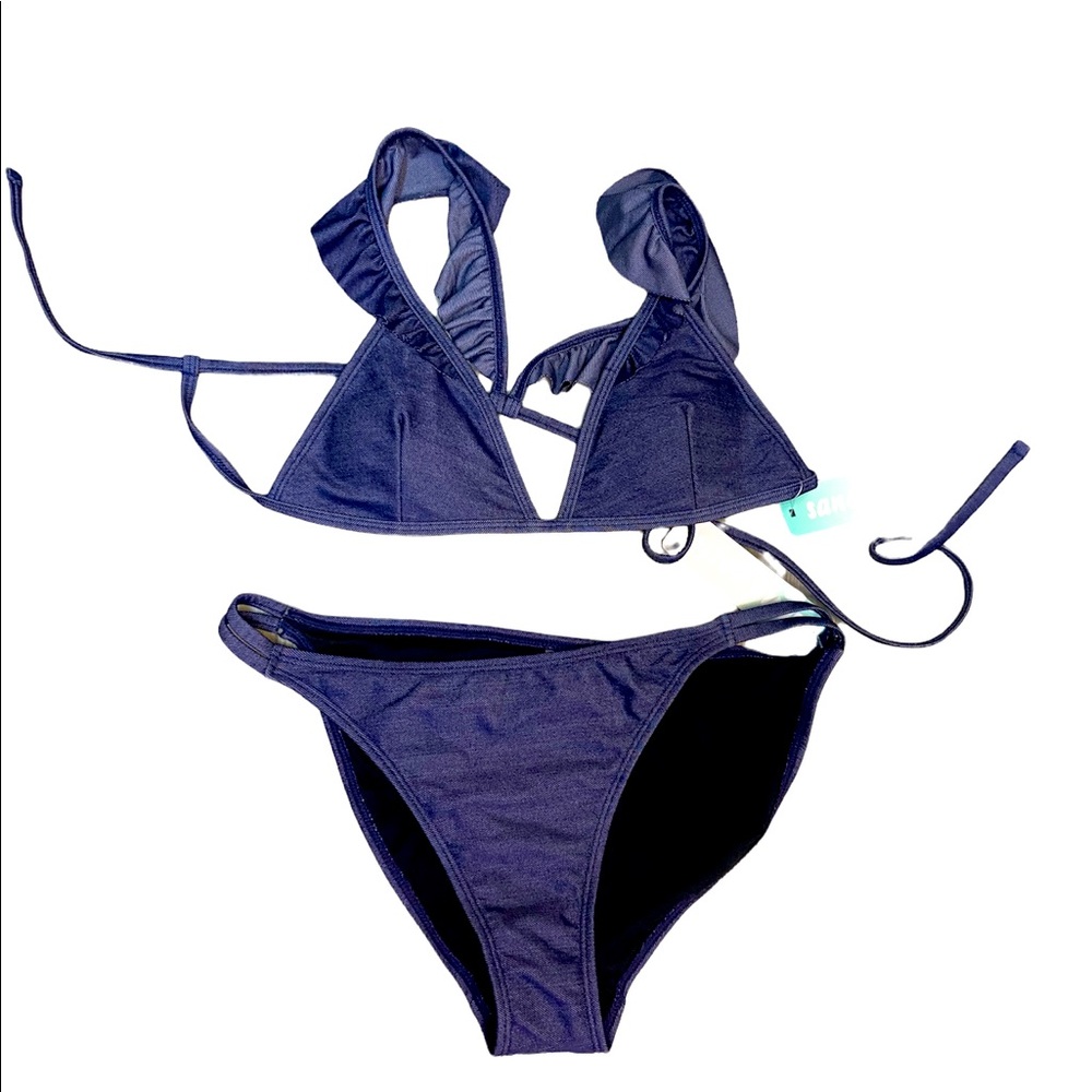 Sand Castle blue ruffle bikini (looks like denim)